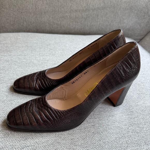 Salvatore Ferragamo Heels Embossed Leather Pumps Round Toes Brown Slip-on Sz A7 - Picture 5 of 13